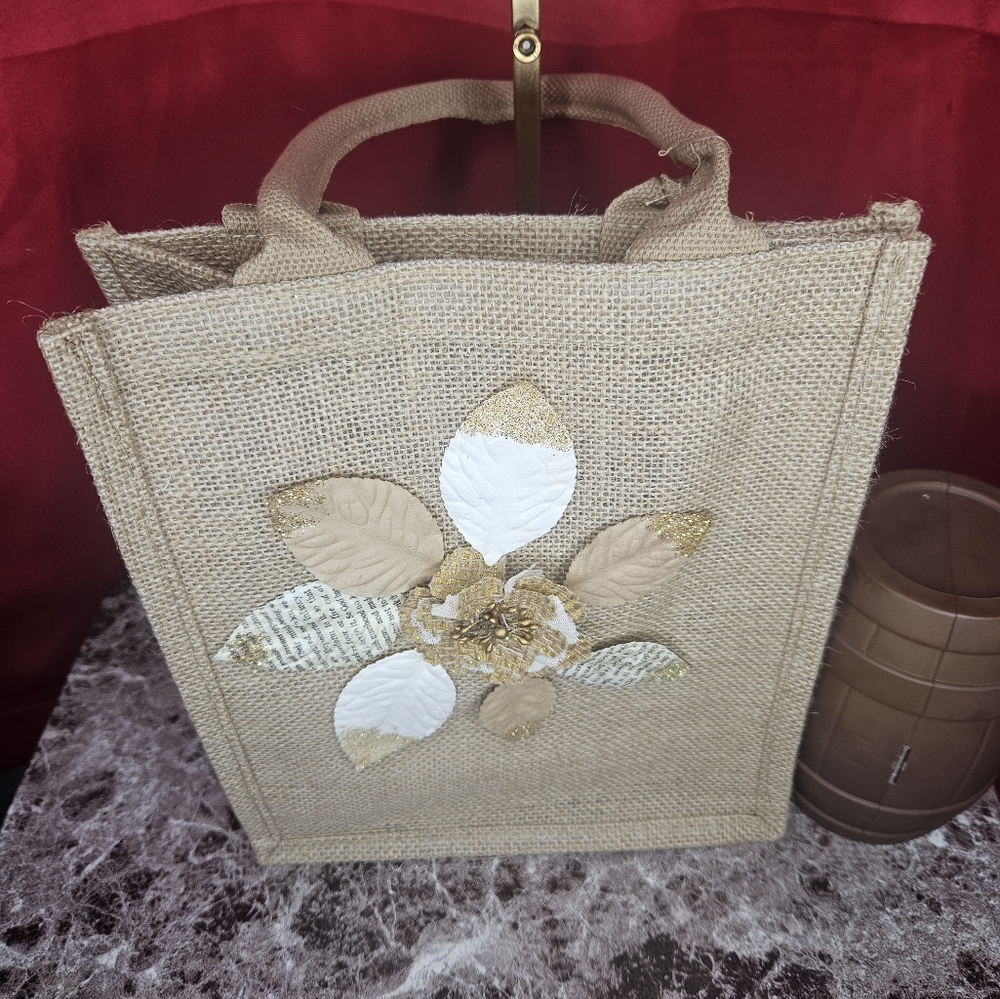 NWOT Natural Reusable Jute Tote Bag W/cotton Handles 11x9.4x4